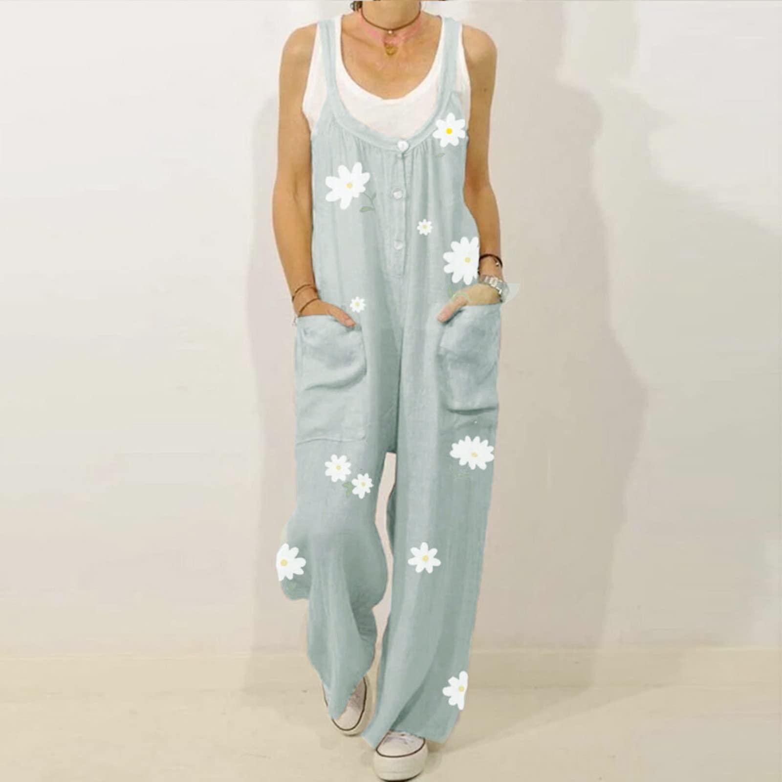 Generisch Salopette da donna baggy – pagliaccetto con motivo floreale a gamba larga, tuta oversize, tuta oversize, tuta oversize, tuta casual in lino con tasche