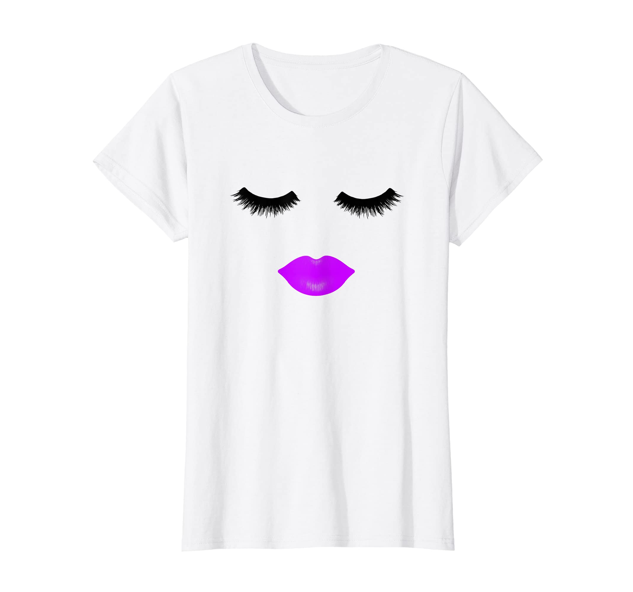Womens Lips Eyelash Lipstick Eyelashes Purple Makeup Lovers Chic T-Shirt, White