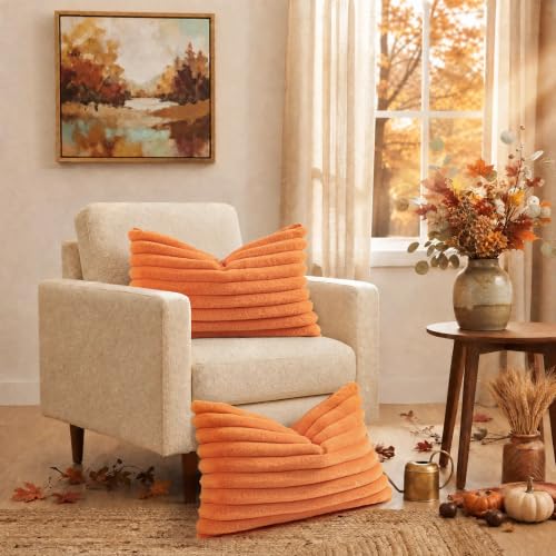 Image of decorUhome Fall Faux Fur Throw Pillow Covers 12x20 Set of 2 Pumpkin Orange