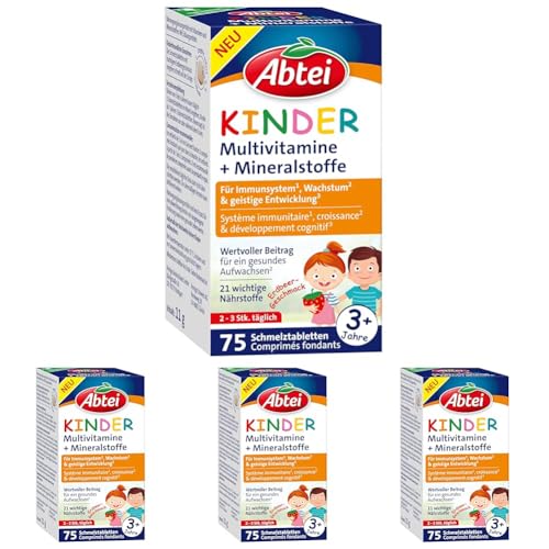 Abtei Kinder Multivitamine + Mineralstoffe - Für ein gesundes Aufwachsen* von Kindern - Ab 3 Jahren - Mit 21 wichtigen Nährstoffen - Glutenfrei, Laktosefrei, Gelatinefrei - 75 Schmelztabletten