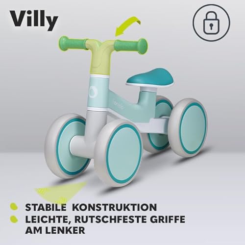 LIONELO VILLY Kinder Laufrad für 12-36 Monate Baby bis 30 kg, Lauflernrad Spielzeug mit 4 Räder, vordere Dämpfung, ergonomischer Sitz, Erst Rutschrad Fahrrad für Mädchen und Jungen