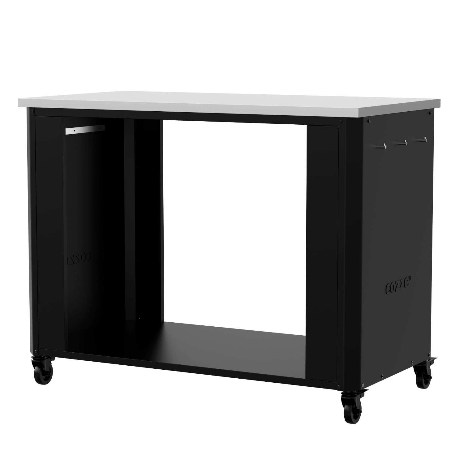 cozze® | Cucina da esterno 115 aperta | Piano in acciaio inox SS430 | Design modulare | Con 6 ganci porta utensili | Ruote Ø75 mm | Struttura in acciaio verniciato nero