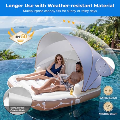 Image of Giantex Canopy Island Inflatable Lounge, Floating Island Raft w /SPF50+ Retractable Detachable Sunshade, Inflatable Pool Float Canopy w /2 Cup Holders Backrest Armrest for Pool Lake River