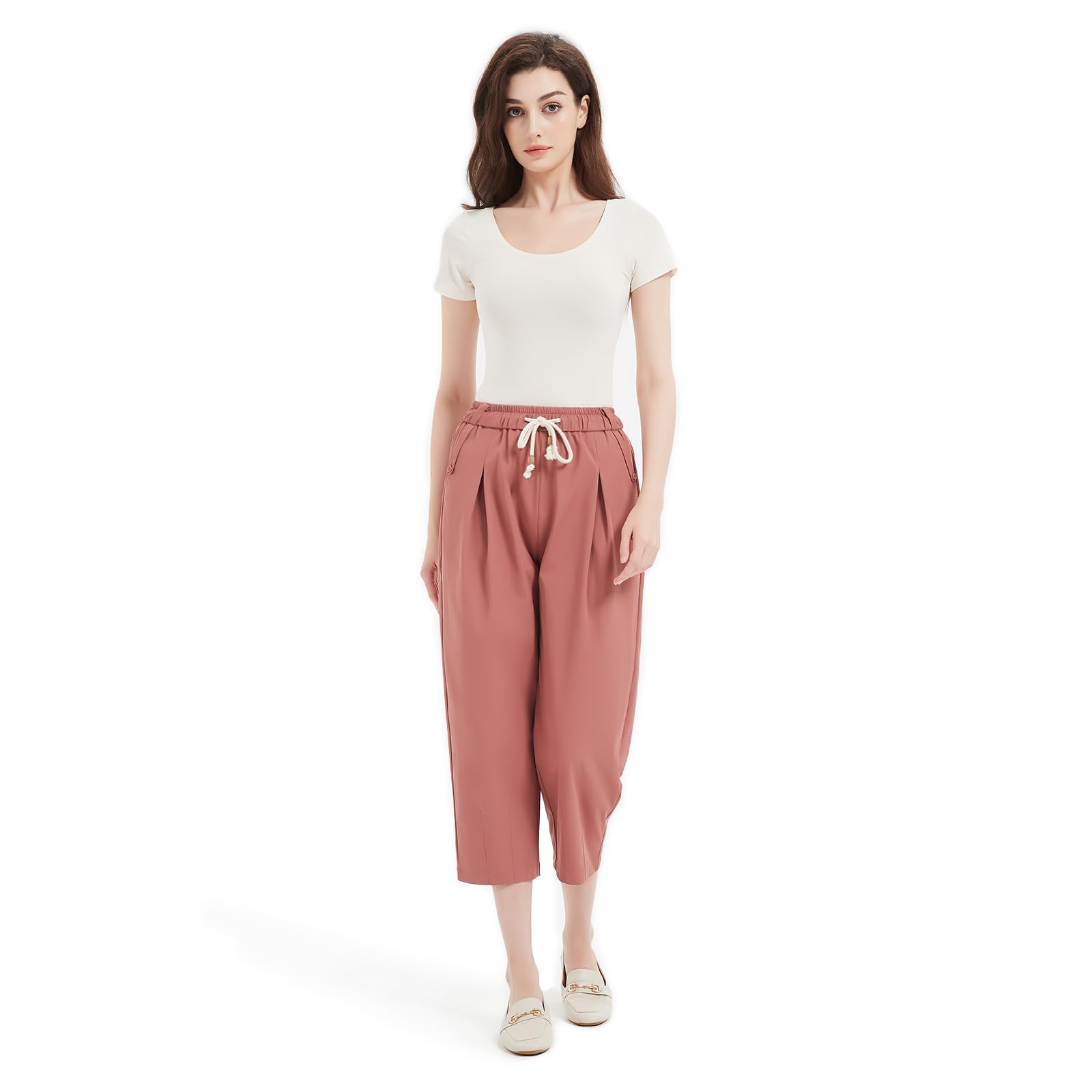 Womens Lightweight Capris Stretch Summer Pants with Pockets Elastic Waist Drawstring Cropped Lounge Pants