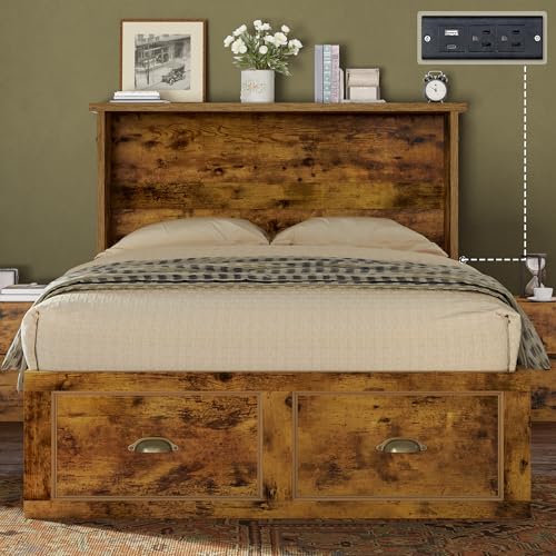 Image of AMERLIFE Twin Size Murphy Bed, Farmhouse Wooden Cabinet with Charging Station and Storage Drawer for Bedroom /Office /Guest Room, Rustic Brown