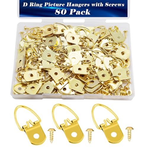 Image of 80PCS D Ring Picture Hangers with Screws,Single Hole Picture Hanging Hooks Picture Hanging Hardware,Picture Hooks for Mirror, Frame,Clock, Decoration, Paintings