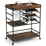 Elmonte Wine & Bar Cart with Wheels – 3-Tier Rolling Cart with 12-Bottle Rack & Glass Holder, Stable Industrial Metal & Wood Serving Cart for Kitchen, Coffee Station & Small Spaces