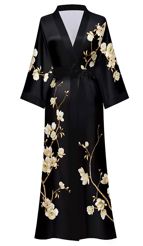 Long Kimono Robe Women Cover Up Print Floral Satin Sleepwear Silky Bathrobe Bachelorette Robe