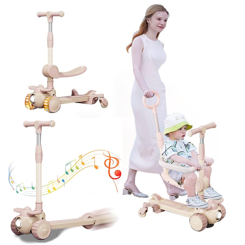 DMG 5 in 1 Kids Kick Scooter, سكوتر, Foldable Scooter with Flashing LED Wheels, 360° Baby Fence & Adjustable Parent Push Bar, Kids Three Wheel Scooter for Boys and Girls 1-12 Year Old