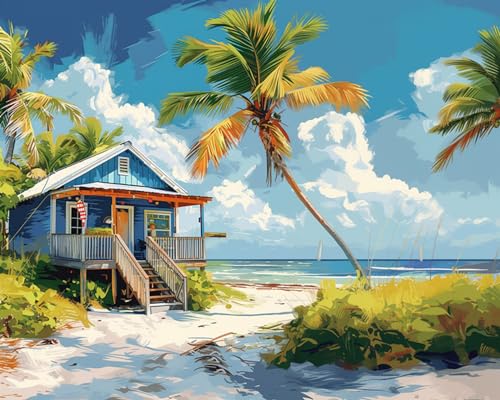 Image of Moohue Needlepoint Kits 14CT Counted Stamped Cross Stitch Kits for Adults Advanced Beach House Cross Stitch Patterns (Beach House)