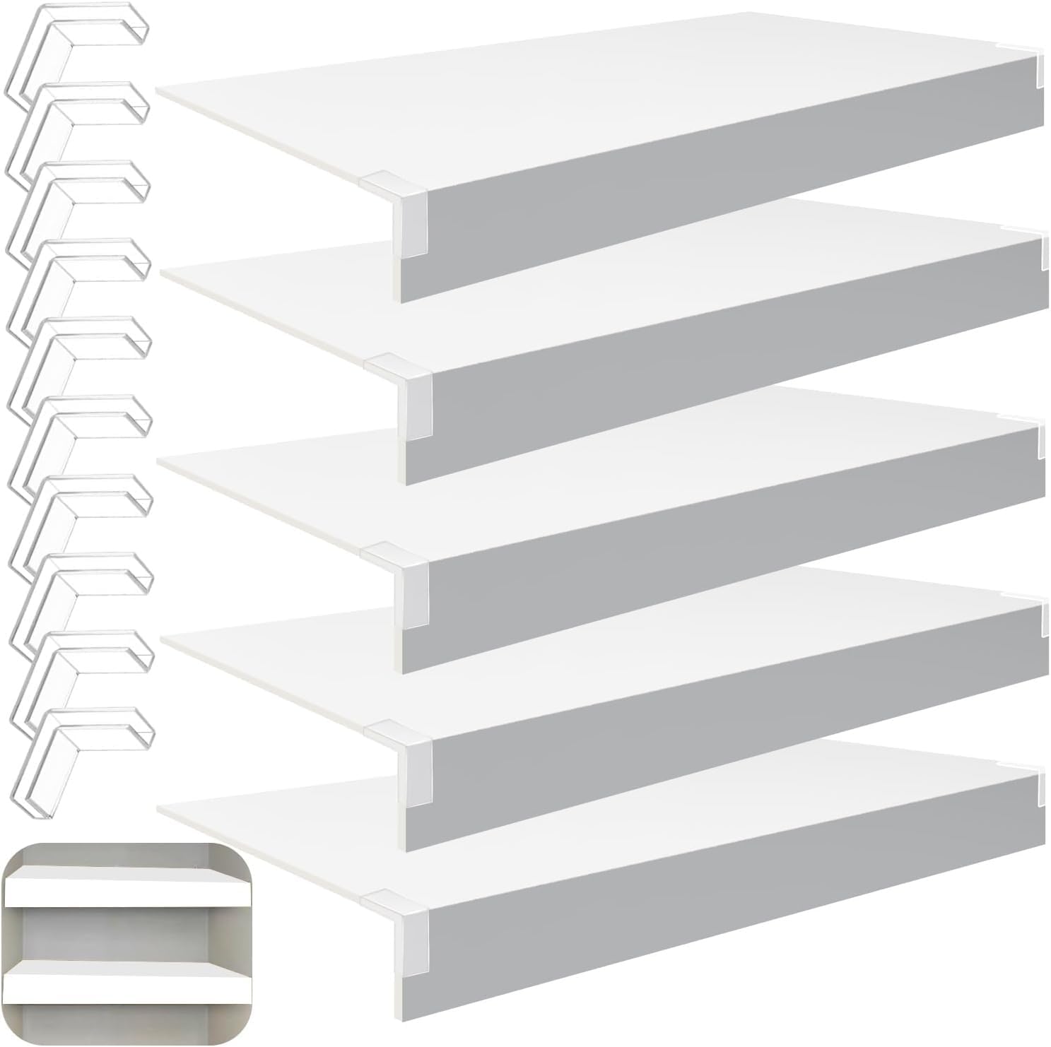 5 Pcs Wire Shelf Covers Wire Rack Covers for Pantry, PVC Wood-Look Shelf Liners with Corner Guards for Home and Kitchen Organization(White,34.5x12x3/87.6x31x8cm)