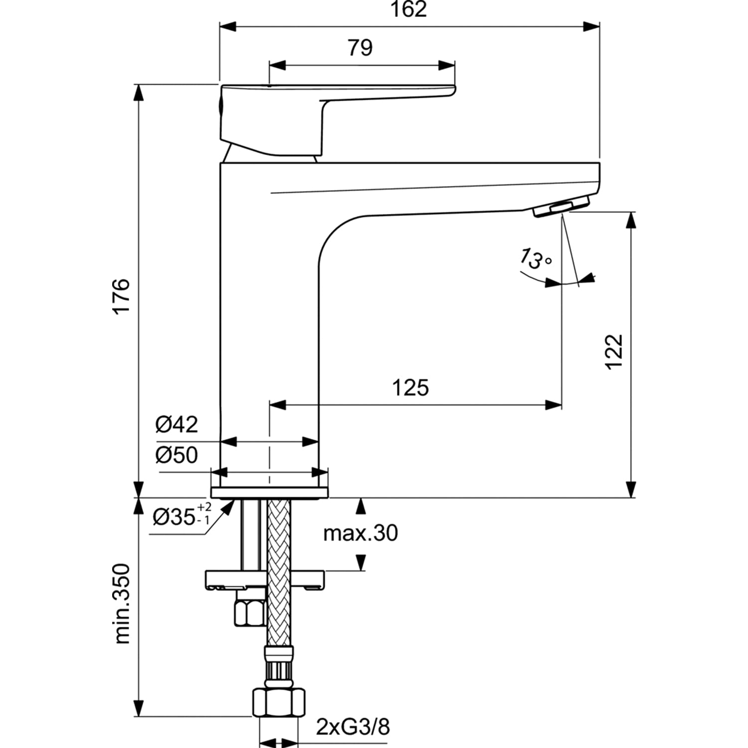 Ideal Standard Cerafine O Waschtischarmatur, Auslaufhöhe 122 mm, wassersparender Wasserhahn Badezimmer, mit Ablaufgarnitur, schnelle Montage – Schwarz Matt (50x166x176 mm)
