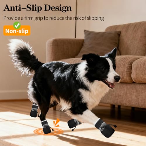Hundeschuhe Winter, Plüsch Hundeschuh Pfotenschutz, Rutschfest Hunde Schuhe Winter Outdoor, Dog Shoes mit Reflektierendem Streifen, für Kleine-Mittlere Hunde Sport im Freien (Schwarz-Size 5)