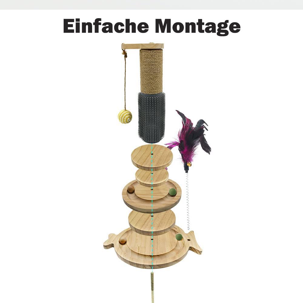 Marchul 5 in 1 Katzenspielzeug, Katze Sisal Seil Massierender Kratzbaum mit hängenden Ball, Interaktives Fährtenspielzeug für Katzen mit federnden Federn, zum Spielen im Haus