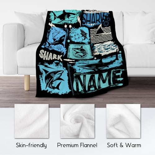 Custom Shark Blanket Kids - 50x60 Inches Cute Throw Blanket for Boys - Black Soft Fuzzy Blankets for Bed, Couch & Travel