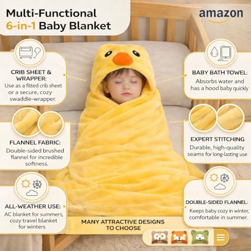 Image of First Kick New Born Baby Blanket Pack of Super Soft Bathrobe Wrapper Bath Towel for Boys, Girls, Babies (Yellow Duck, Length 82 cm x Width 82 cm, 0-12 Months)
