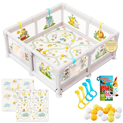 Parque Infantil Bebé 150x150cm Ilustraciones, Corralito Acolchado con Esterilla Reversible, Libro Sensorial, Bolas de Colores y Anillas de Sujeción