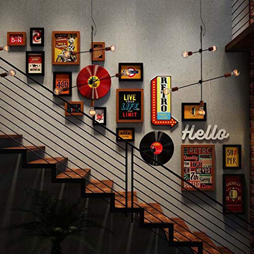 ZXW Staircase Photo Wall Set, Industrial Style Decorative Picture Frame Photo Frame Wall Clock, 15 Photo Frames & 4 Accessories-Black Hu