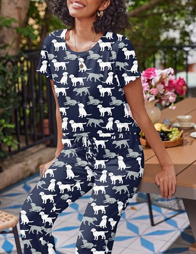 Image of Ekouaer 2 Pack Pajamas for Women Set Short Sleeve Sleepwear Top and Pants Pjs Soft Printed Lounge Sets with Pockets