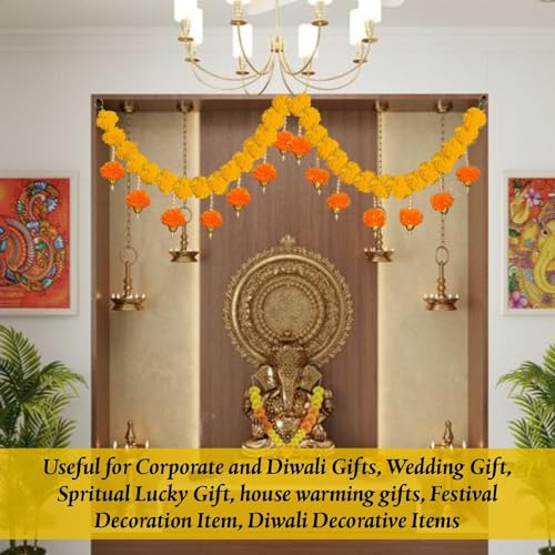 Image of SMIZZY ; (RE) TOUCHING LIVES Artificial Marigold Flowers Toran | Bandarwal Genda Phool for Main Entrance Door Home Pooja Decoration Hanging Item | Diwali Festive Decor Mandir | 1Pc, Yellow, 52 Inch