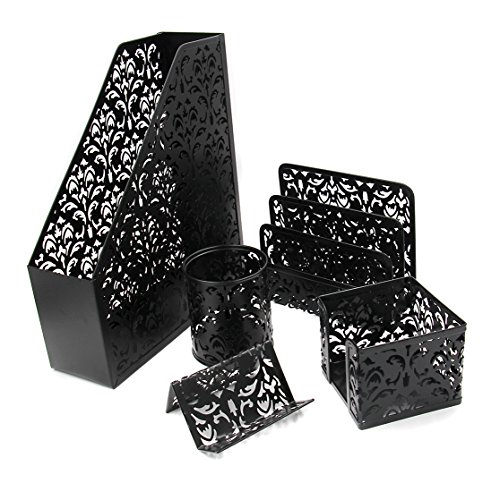 EasyPAG 5-Piece Desk Organizer and Accessories Set -Pencil Holder, Letter Sorter, File Holder,Business Card Holder and Sticky Note Holder,Black