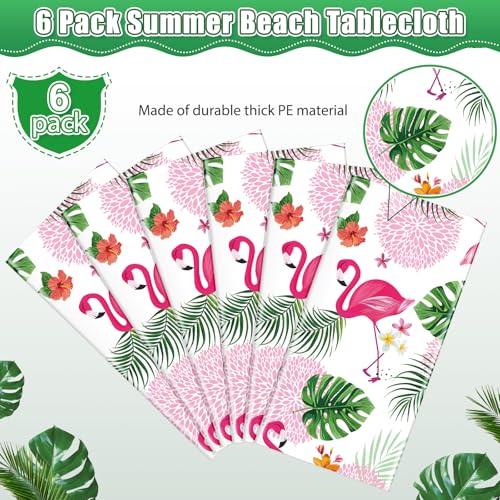 Image of 6 Pack Summer Flamingo Tablecloth Party Decorations, Hawaiian Tropical Plastic Table Cloth, Disposable Luau Table Cover for Summer Flamingo Picnic Birthday Party Supplies Decorations, 54 inch x 108 inch
