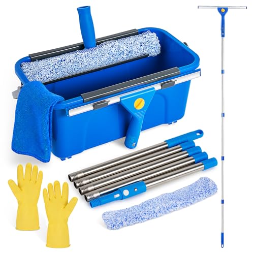 Professional Window Cleaning Kit Window Washing Kit with 3 Gallon Bucket 14-Inch Squeegee & 15-Inch Scrubber 76-Inch Extendable Pole Window Cleaning Equipment for Home & Commercial (76 inch)