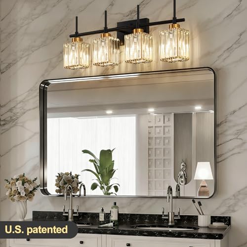 Image of Torondo Modern Crystal Bathroom Vanity Light 4-Lights Gold Bathroom Light Fixtures Over Mirror Black and Gold Vanity Lighting Fixtures Gold Square Shade Brass Wall Sconce (Bulbs Not Include)