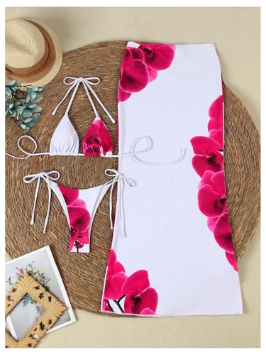 Women's 3 Piece Floral Swimsuit Halter Triangle String Bikini with Bodycon Beach Skirts Cover Up4