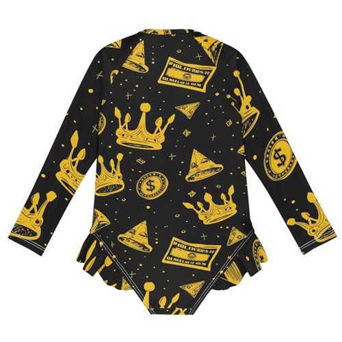 Girls One Piece Swimsuits Long Sleeve Swimsuit Zipper Bathing Suits Gold Ink Dollars Black2
