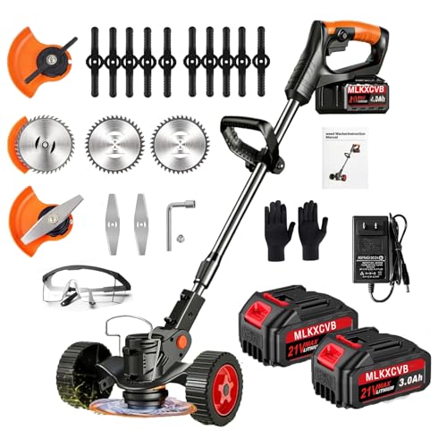 Electric Weed Wacker 21V Cordless Weed Eater Battery Powered with 3 Types Blades and 2 Pack 4.0 Ah Batteries 3 in 1 Stringless Electric Brush Cutter with Wheels for Garden Yard Lawn