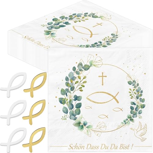 40 Stück Servietten 60 Stück Fischdekoration aus Holz,'Schön,dass du da bist!',Servietten Taufe Kommunion Konfirmation Deko Eukalyptus Weiß Tischdeko Papierservietten Hochzeit Geburtstag 33x33cm