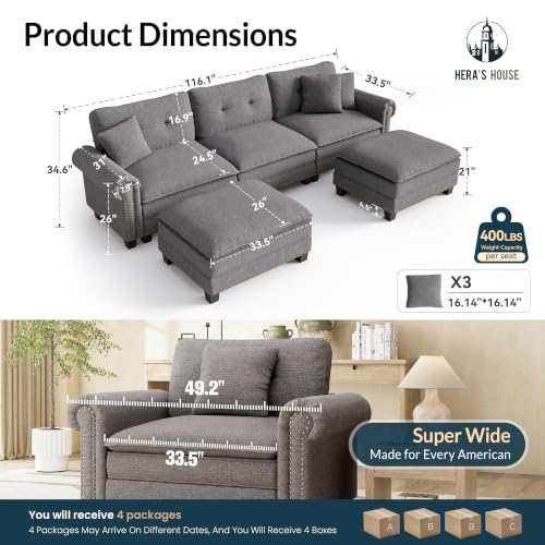 Image of HERA'S HOUSE 116 inch Oversized U Shaped Modular Sectional Couch Living Room | Mid-Century Modern 5-Seater Cloud Sofa, Dark Gray, Rolled Arms & Nailhead Trim, Wider & Deeper Seats, Ottoman, Linen