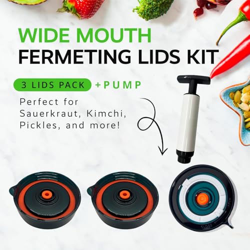 Fermentation Kit for Mason Jars - Widemouth Lids & Oxygen Extractor Pump
| Fermentation Kit for Kimchi & Pickle Making - Includes 3 Lids & Pump
| Fermentation Kit Perfect for Beginners - Wide Mouth Mason Jars & Airlock Lid