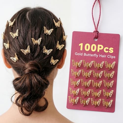 100Pcs Gold Butterfly Hair Clips Hair Braid Clips Hollow Butterfly Metal Claw Clips Strong Hold Small Clips for Braids Accessories Dreadlocks Styling Women Girls
