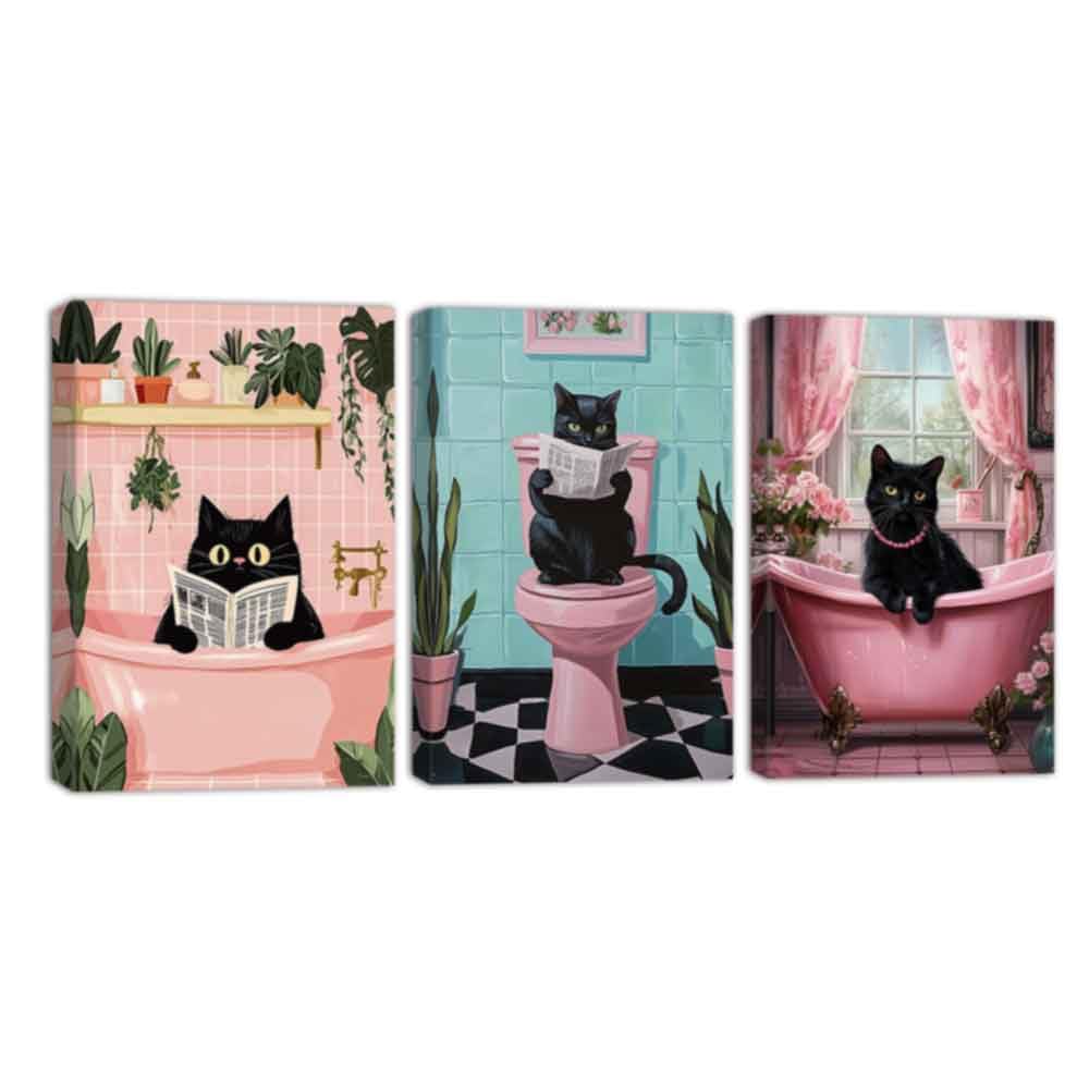 ZQQART 3 Pcs Cat Bathroom Canvas Wall Art Black Cat Sitting on Toilet Reading Picture Prints Animals Green Plants Painting Washroom Wall Decor Framed(Pink,50x70cmx3 Pieces)