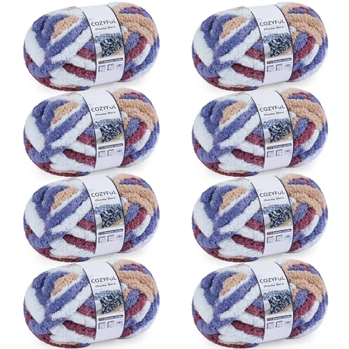 Image of Cozyful Chunky Yarn for Hand Knitting - #10 Chunky Chenille Blanket Yarn, Jumbo Big Thick Chunky Yarns for Crocheting, Tie Dye Bulky Knit Yarns, 8 Skein (20 yds 8 oz Each Skein), Multi Blue&Red&Khaki