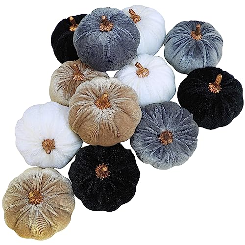 Image of Winlyn 12 Pcs Small Assorted Faux Velvet Pumpkins Decorative Fabric in White Black Gray Taupe Foam Pumpkins 3 inch for Farmhouse Fall Wedding Thanksgiving Halloween Table Centerpiece Mantel Decor