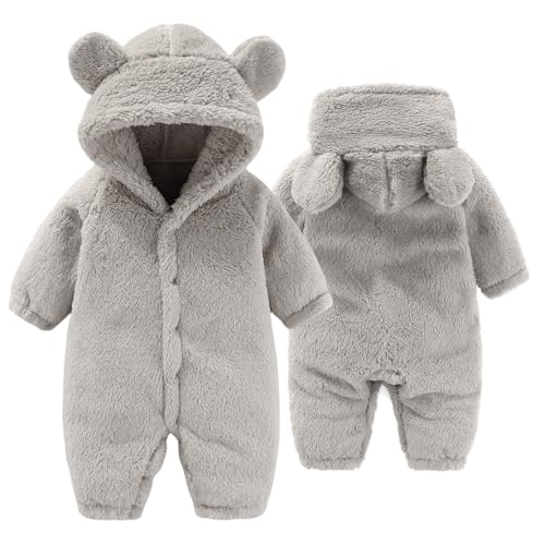 Yaopelky Snödräkt för nyfödd baby, fleece, sparkdräkt med huva, vintervarma ytterkläder för flickor, pojkar 0-12 m, Grå, 9-12 Months