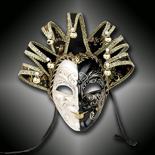 YU FENG New Orleans Mardi Gras Black White Bell Mask Jester Costume Parades Carnival Ball (Black)