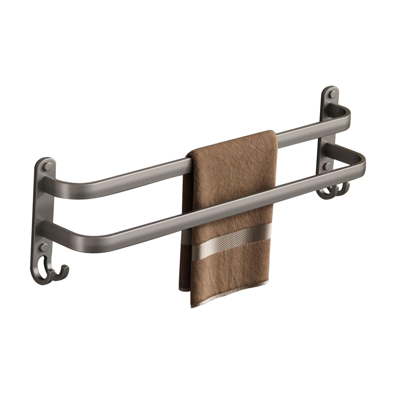 Towel Rail Wall Mounted, 40 x 18 cm Double Bar Self-Adhesive Towel Rail with 2 Hooks for Bathroom, Shower Room, Kitchen