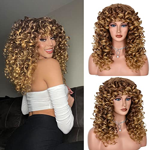 Annivia-X Long Curly Wigs For Black Women Ombre Blonde Curly Wig With Bangs Loose Cute Golden Curly Hair thumb #2