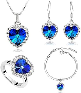 ZBOMR Titanic Heart of The Ocean Necklace Earrings Bracelet and Rings Jewelry Set, Silver Plated Blue Sapphire Crystal Necklace Pendants Wedding Prom Jewellry Sets