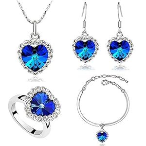 ZBOMR Titanic Coeur De L&rsquo;ocÉAn Collier Boucles D&rsquo;oreilles Bracelet Et Anneaux Ensemble De Bijoux, Argent PlaquÉ Saphir Bleu Cristal Collier Pendentifs Bijoux De Bal De Mariage (Blue)