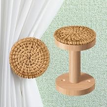 Leinuosen 2 Pack Boho Curtain Holdbacks Rattan Tiebacks Coastal Curtain Holdbacks for Curtains Wall Mounted Nautical Ocean Wooden Drapery Hook Rustic for Summer Home Office Bedroom WindowRound