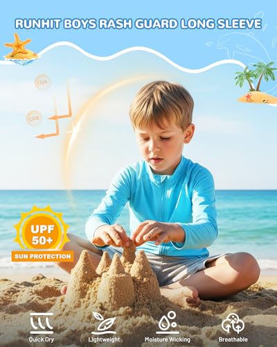 Image of Runhit Boys UPF 50+ Rash Guard Long Sleeve Zip Up 2T to Youth UV Sun Protection Shirt for Beach Surf Fish Quick Dry