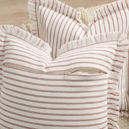 Image of ZWJD Fall Throw Pillow Covers 18x18 Set of 2 Striped Pillow Covers with Fringe Chic Cotton Decorative Pillows Square Cushion Covers for Sofa Couch Bed Living Room Fall Decor,Rust