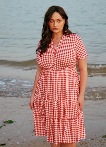 Image of CARCOS Plus Size Dresses for Curvy Women Collared Vneck Short Sleeve Dresses Midi Summer Ruffle Dress with Pocket XL-5XL