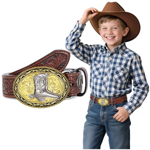 Kids Western Belt for Boys Age 4-12 Girls Toddler Embossed Cowboy Cowgirl Genuine Leather Western Buckle Belts for Jeans Gift