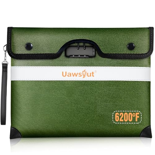 6200℉ Fireproof Document Bag with Lock, Portable Money Bag with Zipper Closure, Water Resistant Envelope with Reflective Strip for A4 Letter, Tablet, Valuables, Cash and Passport(14.3"x11.2", Green)